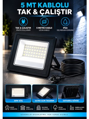 Noas 5 Metre Kablolu Tak Çalıştır 30W Ultra Slim LED Projektör 6500K Beyaz Işık Seyyar LED Projektör Aydınlatma Seyyar Aydınlatma Su Geçirmez Dış Mekan