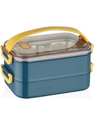 Bento Lunch Box Ofis-Okul Için Yeni Nesil Sefer Tası 2 Kat Taşıma Kulplu Çelik FF367 Lacivert