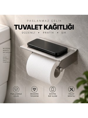 Telefon Standlı Raflı Paslanmaz Çelik Tuvalet Kağıdı Askısı-Kendinden Yapışkanlı Tuvalet Kağıdı Wc Kağıt Asacağı