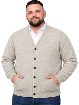 Battal Moda Erkek Büyük Beden Bej Cepli Düğmeli Triko Hırka 3xl-4xl-5xl-6xl