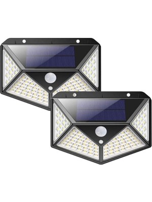 Solar Lamba 100 LED Pır Hareket Sensörlü Dış Duvar Lambası IP65 Bahçe Teras - 2 Adet