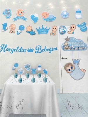 Partyora Hoşgeldin Bebeğim Mavi Temalı 15 Parça Erkek Bebek Partisi Süsleme Seti