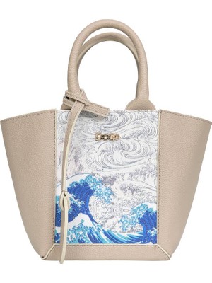 Dogo Kadın Vegan Deri Krem Tote Bag - Japanese Waves Tasarım
