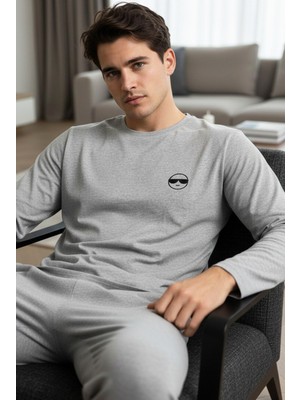 Siyah İnci Gri Melanj Uzun Kollu Nakışlı Örme Erkek Pijama TAKIM7795