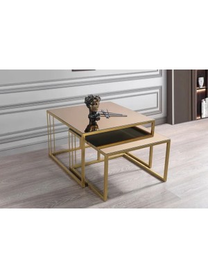 Vivense Siena Orta Sehpa Takımı, Gold Metal Ayaklı, Bronz Aynalı