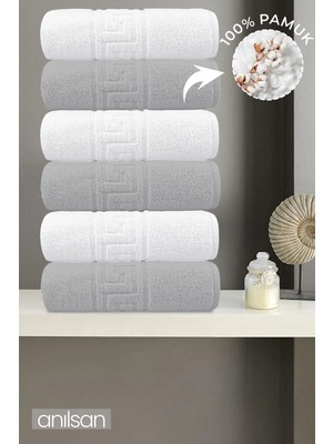 Anılsan 6'lı Greek Gri-Beyaz Banyo Havlusu - 70x140 Cm, 490 Gr, %100pamuk, Spa Ve Otel Havlusu