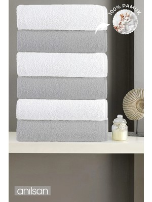 Anılsan 6'lı Düz Gri-Beyaz Banyo Havlusu - 70x140 Cm, 490 Gr, %100 Pamuk, Spa Ve Otel Havlusu