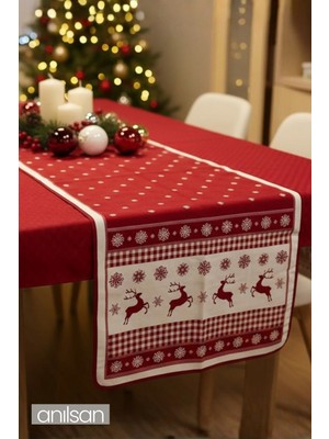 Anılsan Kırmızı Noel Desenli Masa Runner Geyik ve Kar Tanesi Yılbaşı Masa Örtüsü 50x160