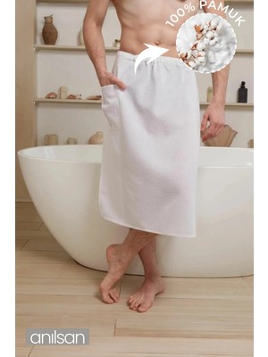 %100 Pamuk Spa & Hamam Için Sauna Havlusu – Belden Lastikli Cırtcırtlı Cepli Etek Model