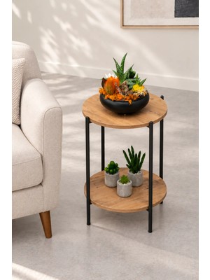 Arpelia Yuvarlak Tablalı İki Katlı Sehpa Q42x60 cm Metal ve Suntalam ile Salon ve Ofis Kullanımına Uygun
