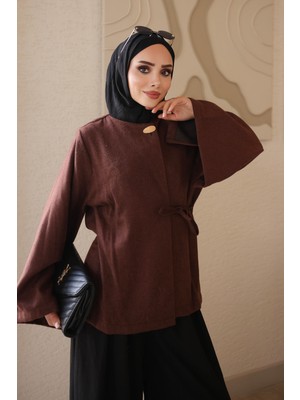 İmaj Butik Kahverengi Kol Yırtmaçlı Yan Bağlamalı Kaşe Kimono