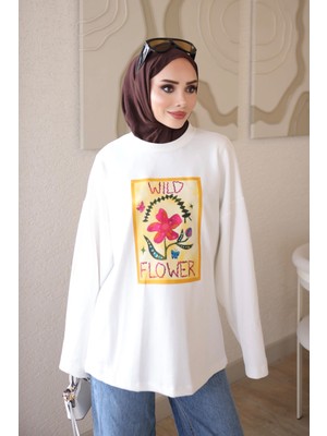 İmaj Butik Ekru Bisiklet Yaka Baskılı Sweat