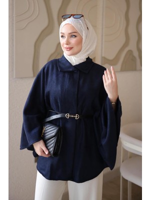 İmaj Butik Lacivert Oversize Kalıp Kemerli Kaşe Panço