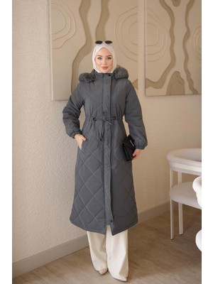 İmaj Butik Füme Fermuarlı Kapüşonlu Kapitone Uzun Nova Mont