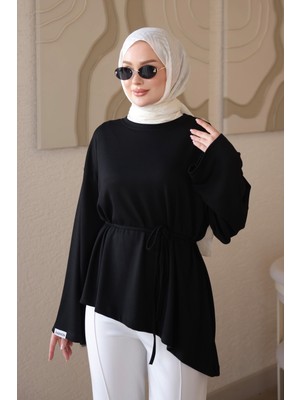 İmaj Butik Siyah Bel Bağlamalı Asimetrik Kesim Tunik