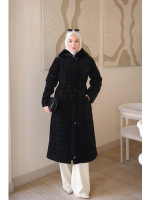 İmaj Butik Siyah Bel Bağlamalı Yaka Kürklü Kapitone Uzun Mont