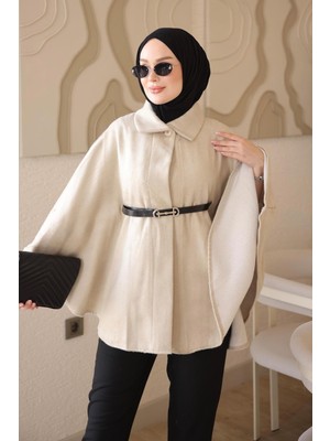 İmaj Butik Bej Oversize Kalıp Kemerli Kaşe Panço