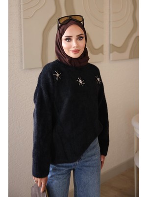 İmaj Butik Siyah Bisiklet Yaka Taşlı Angora Yumoş Triko Kazak