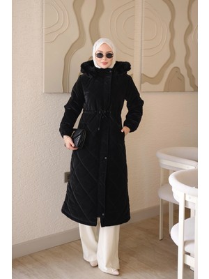 İmaj Butik Siyah Fermuarlı Kapüşonlu Kapitone Uzun Nova Mont