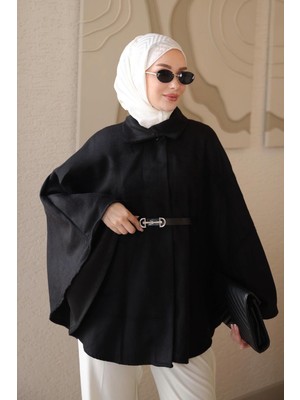 İmaj Butik Siyah Oversize Kalıp Kemerli Kaşe Panço