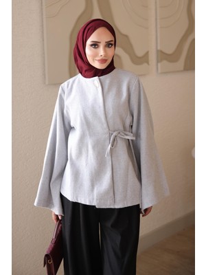 İmaj Butik Gri Kol Yırtmaçlı Yan Bağlamalı Kaşe Kimono