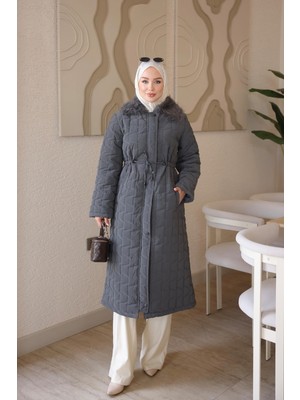 İmaj Butik Füme Bel Bağlamalı Yaka Kürklü Kapitone Uzun Mont