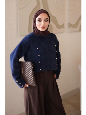 İmaj Butik Lacivert Düğme Detaylı Angora Triko Kazak