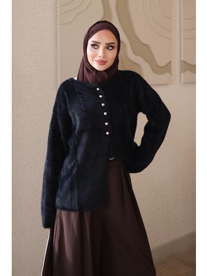 İmaj Butik Siyah Düğmeli Angora Yumoş Triko Hırka