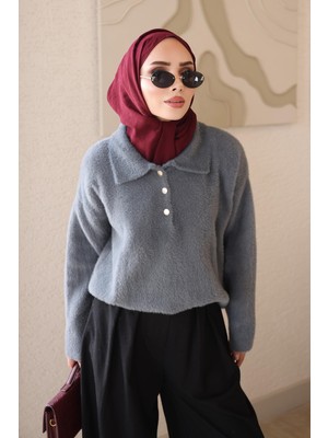 İmaj Butik Füme Gömlek Yaka Angora Yumoş Triko Kazak