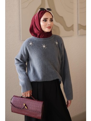 İmaj Butik Füme Bisiklet Yaka Taşlı Angora Yumoş Triko Kazak