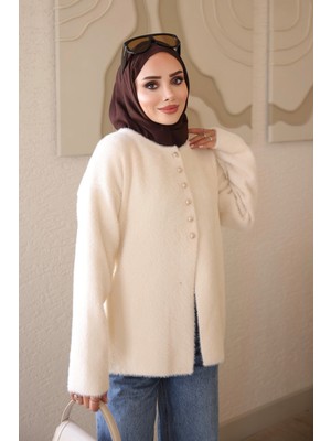İmaj Butik Krem Düğmeli Angora Yumoş Triko Hırka