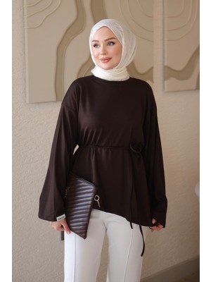 İmaj Butik Kahverengi Bel Bağlamalı Asimetrik Kesim Tunik