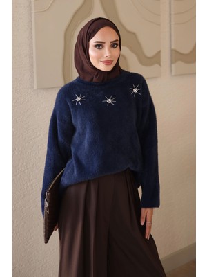 İmaj Butik Lacivert Bisiklet Yaka Taşlı Angora Yumoş Triko Kazak
