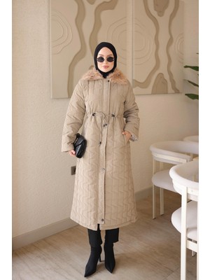 İmaj Butik Vizon Bel Bağlamalı Yaka Kürklü Kapitone Uzun Mont