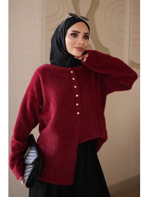 İmaj Butik Bordo Düğmeli Angora Yumoş Triko Hırka