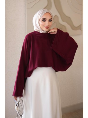İmaj Butik Bordo Yarasa Kol Oversize Triko Kazak