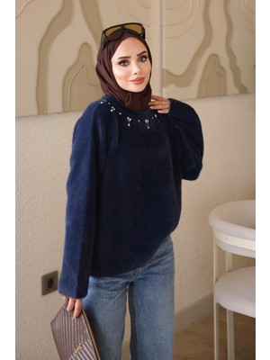 İmaj Butik Lacivert Bisiklet Yaka Taşlı Angora Yumoş Triko Kazak