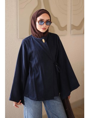 İmaj Butik Lacivert Kol Yırtmaçlı Yan Bağlamalı Kaşe Kimono