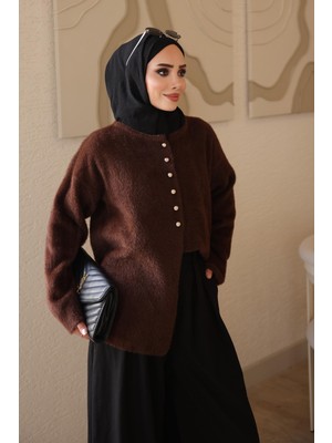 İmaj Butik Kahverengi Düğmeli Angora Yumoş Triko Hırka