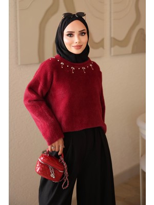 İmaj Butik Bordo Bisiklet Yaka Taşlı Angora Yumoş Triko Kazak