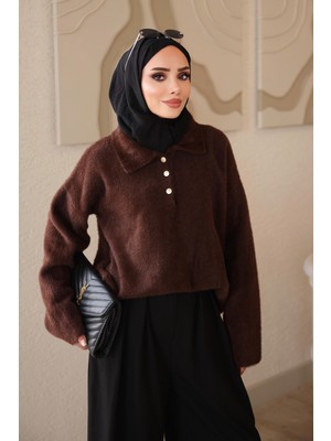 İmaj Butik Kahverengi Gömlek Yaka Angora Yumoş Triko Kazak