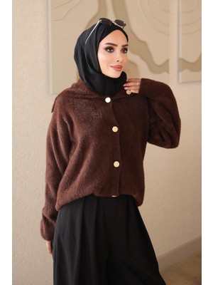 İmaj Butik Kahverengi Düğmeli Angora Yumoş Triko Hırka