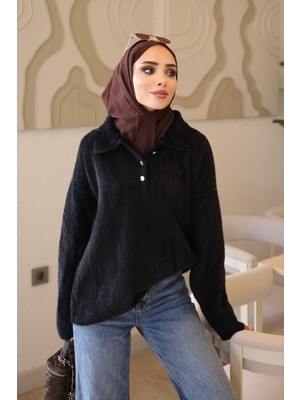 İmaj Butik Siyah Gömlek Yaka Angora Yumoş Triko Kazak