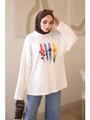 İmaj Butik Ekru Bisiklet Yaka Baskılı Sweat
