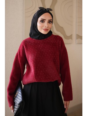 İmaj Butik Bordo Bisiklet Yaka Taşlı Angora Yumoş Triko Kazak