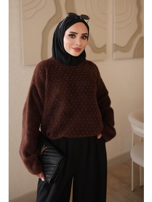 İmaj Butik Kahverengi Bisiklet Yaka Taşlı Angora Yumoş Triko Kazak