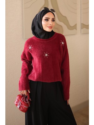 İmaj Butik Bordo Bisiklet Yaka Taşlı Angora Yumoş Triko Kazak