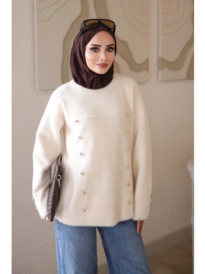 İmaj Butik Krem Düğme Detaylı Angora Triko Kazak
