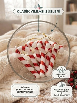 Partyora Yılbaşı Kırmızı Beyaz Şeker Bastonu Candy Cane (6'lı Paket)