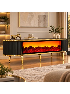 Şömineli Tv Sehpası Gold Ayak Bluetooth Hoparlörlü 3 Renk Mavi,kirmizi,turuncu Kumandali 160 cm